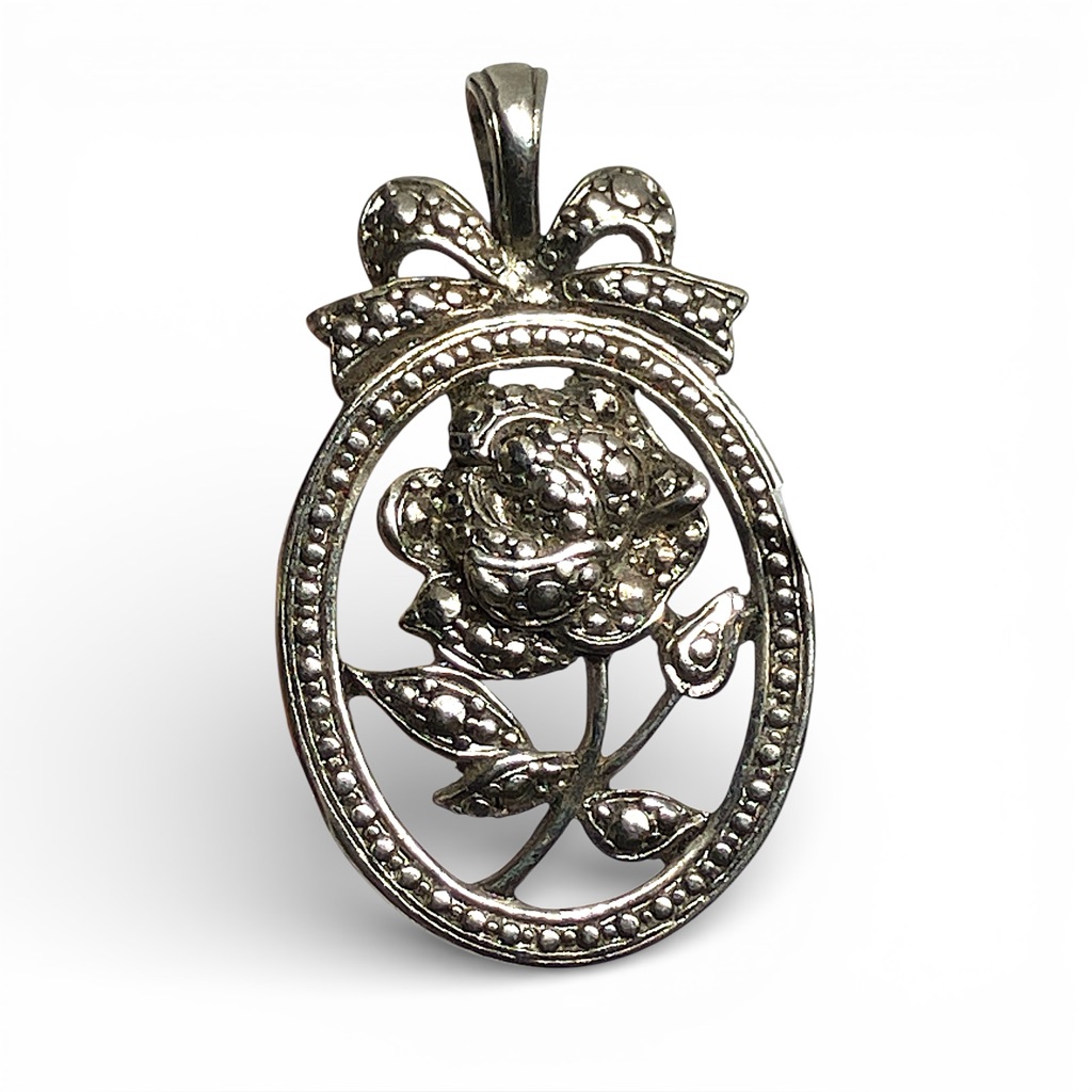 Vintage Silver Tone Rose W Bow Pendant Engraved Love You Mother Gift For Mom 20$